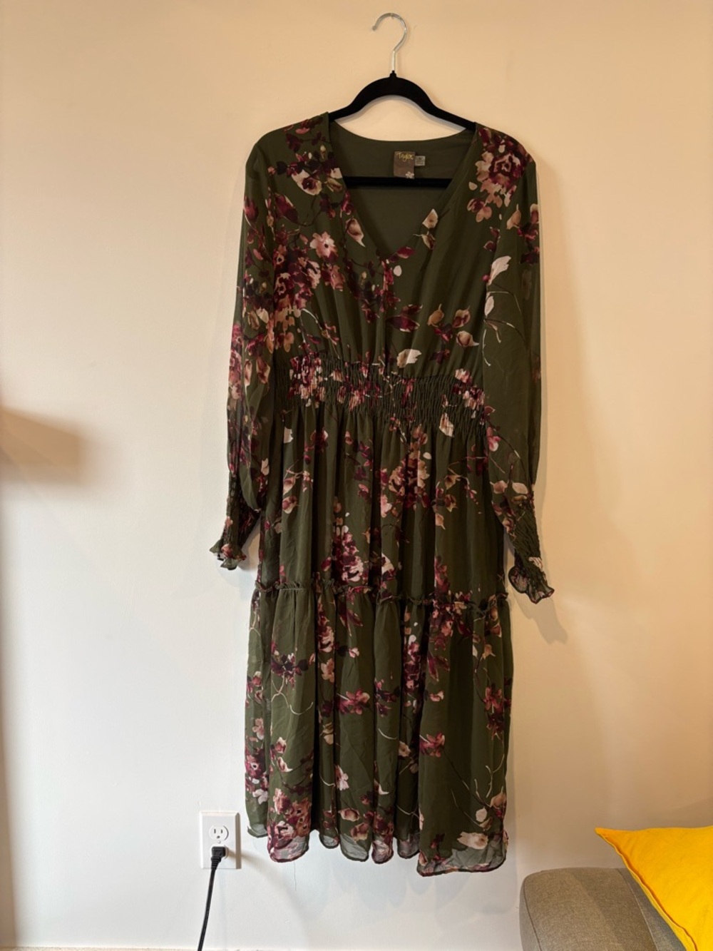 Taylor Olive Green Floral Midi Dress with V-Neck